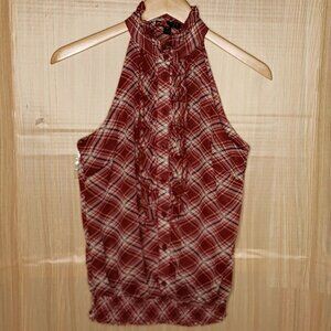 Forever 21 Womens Maroon Sleeveless High Neck Semi Sheer Blouse Small
